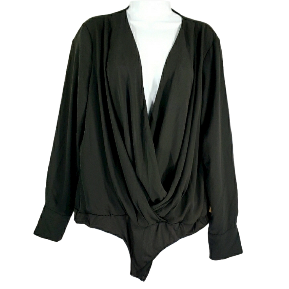 NWT Black Long Sleeve Sheer Wrap Top Bodysuit, L